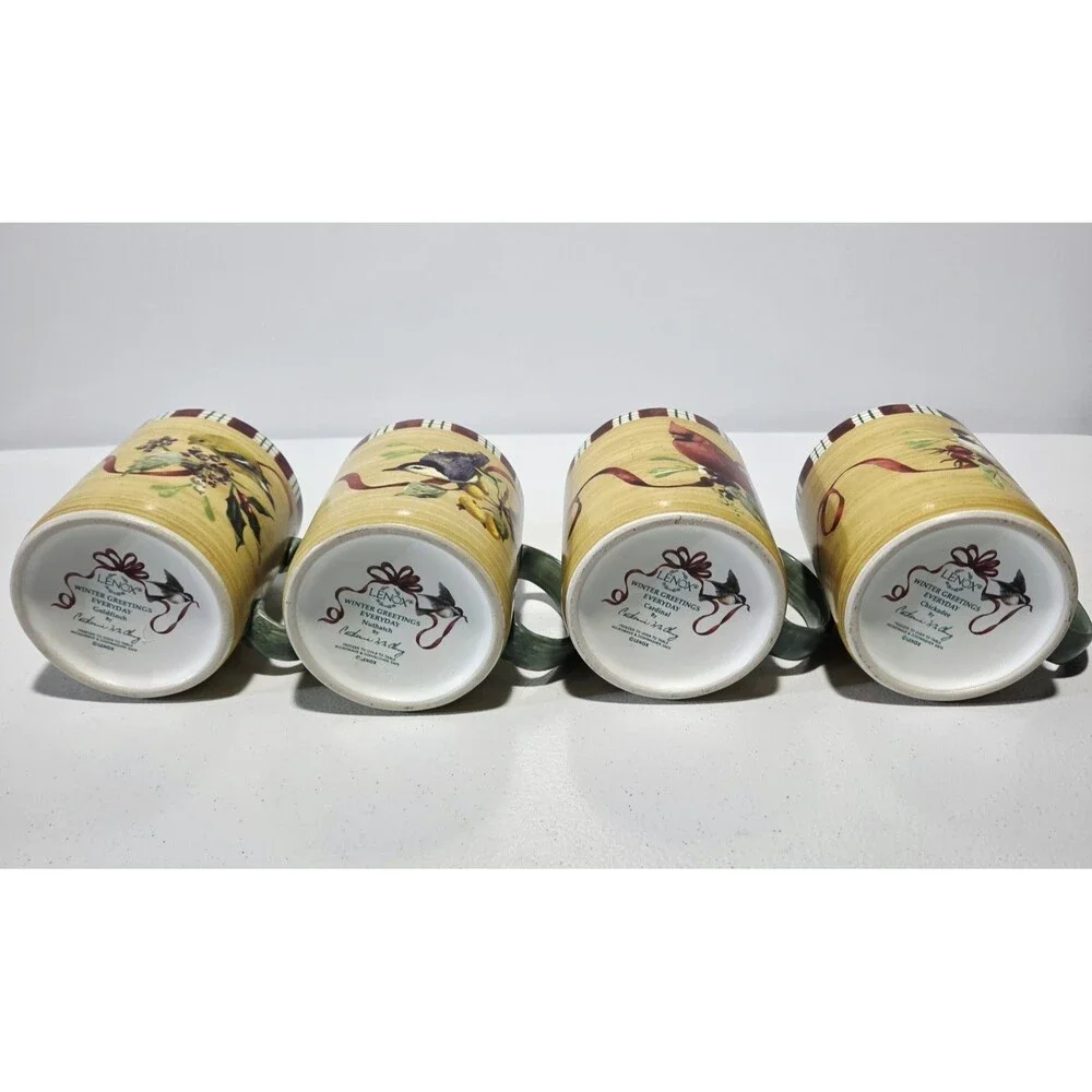 Lenox Winter Greetings Mugs Birds Cardinals Christmas Set Of 4